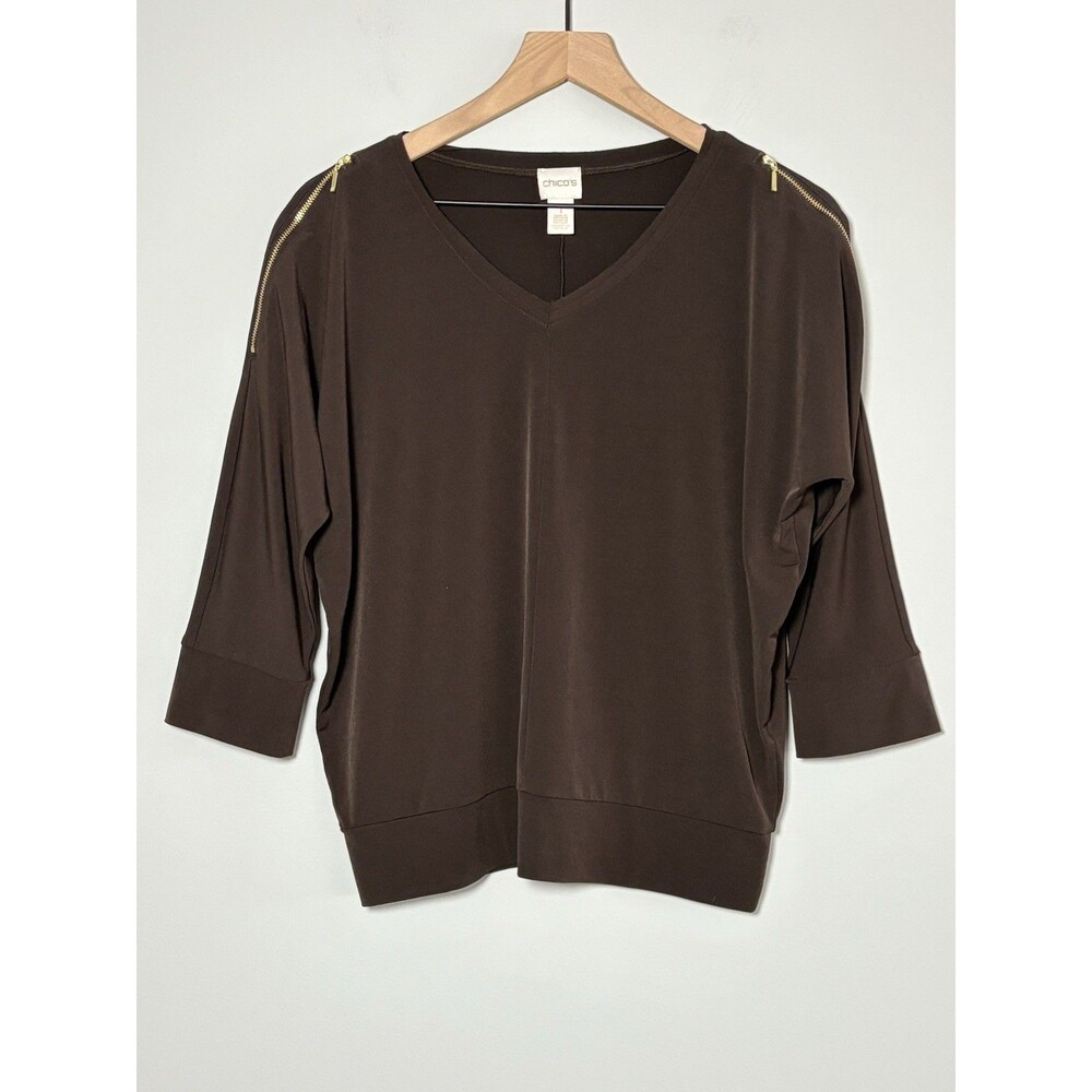 Chico's Top Womens Medium Blouse 3/4 Sleeve Faux Zipper Shoulder